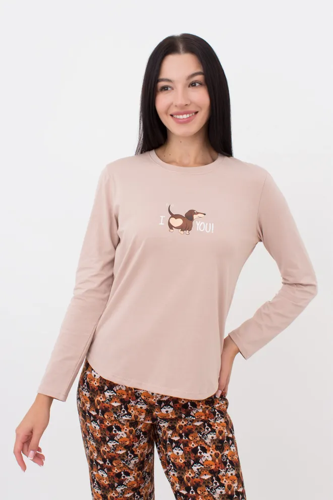 Жіноча піжама зі штанами та кофтою з круглими краями FUNKY DOGS 5340/010 Giulia (creamy beige/dog), бежевий