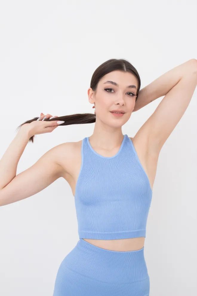 Безшовний топ в рубчик на широких бретелях Halter top rib Giulia (lacecap hydrangea), блакитний