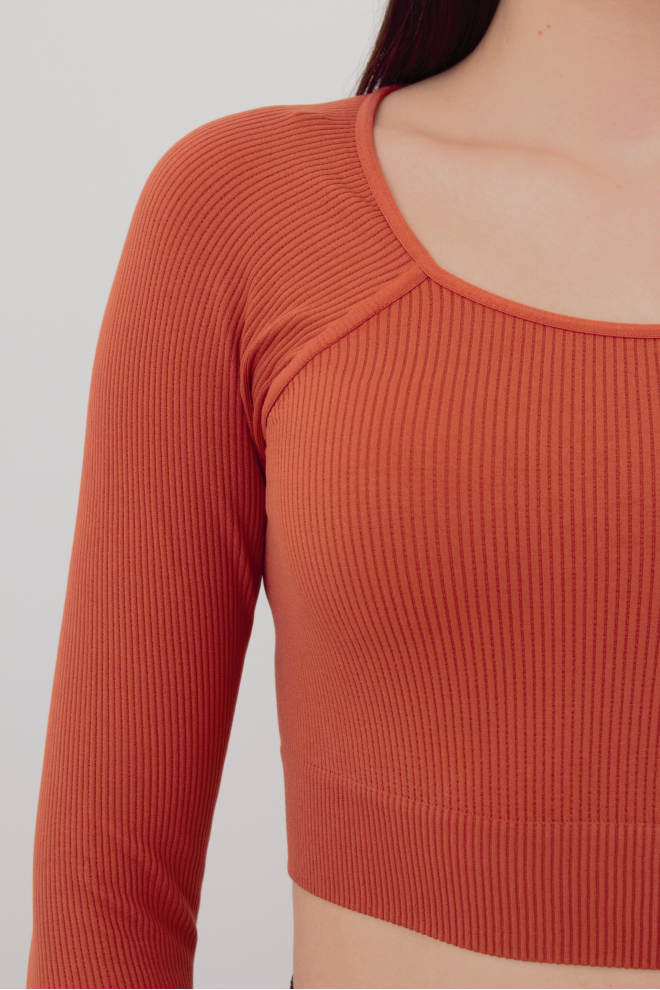 Топ вкорочений з довгим рукавом CROP TOP RIB Giulia (burnt sienna), помаранчевий
