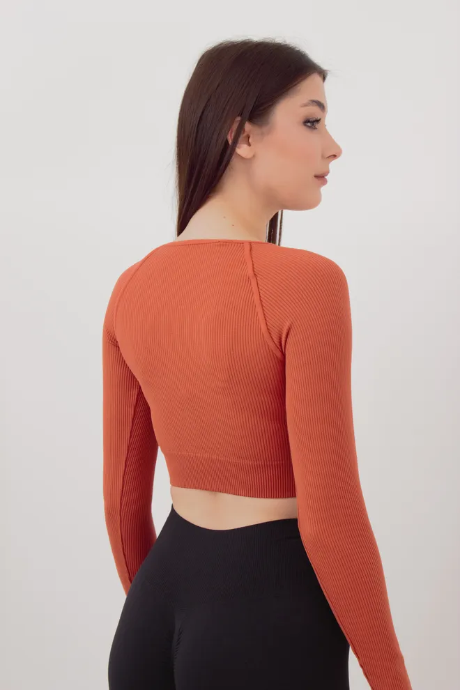 Топ укороченный с длинным рукавом CROP TOP RIB Giulia (burnt sienna), оранжевый