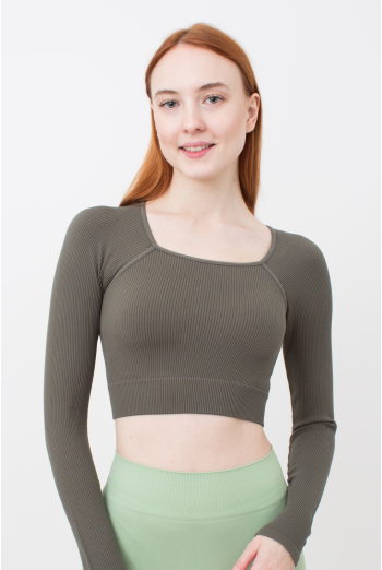 Кроп-топ лонгслів в рубчик CROP TOP RIB khaki (зелений) Кроп-топ лонгслів в рубчик CROP TOP RIB khaki (зелений)