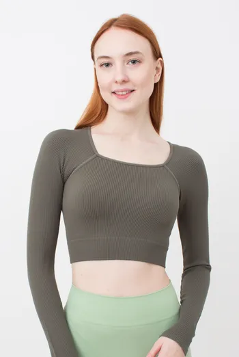 Кроп-топ лонгслив в рубчик CROP TOP RIB khaki (зеленый)