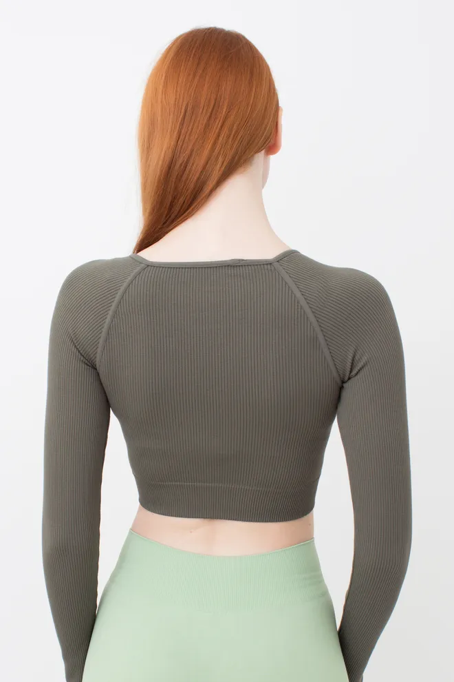 Кроп-топ лонгслів в рубчик CROP TOP RIB khaki (зелений)