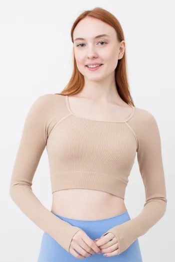 Кроп-топ лонгслив в рубчик CROP TOP RIB (natural), бежевый Кроп-топ лонгслив в рубчик CROP TOP RIB (natural), бежевый