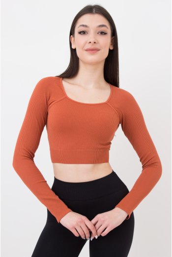 Топ вкорочений з довгим рукавом CROP TOP RIB Giulia (burnt sienna), помаранчевий