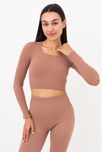 Кроп-топ лонгслів в рубчик CROP TOP RIB Giulia (mokko), коричневий Кроп-топ лонгслів в рубчик CROP TOP RIB Giulia (mokko), коричневий