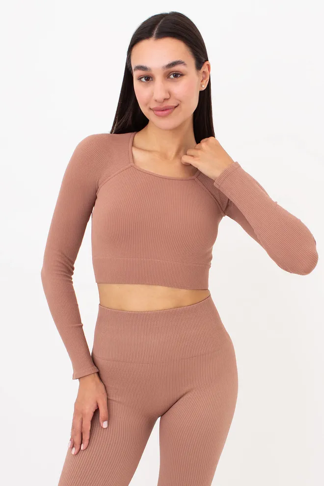Кроп-топ лонгслів в рубчик CROP TOP RIB Giulia (mokko), коричневий