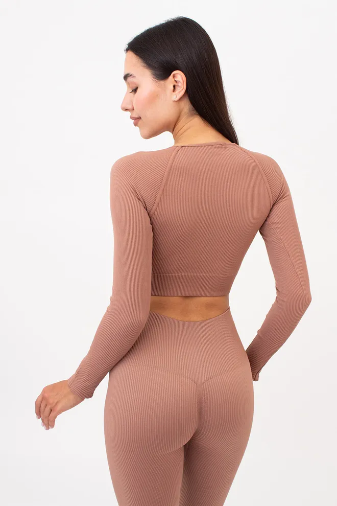 Кроп-топ лонгслів в рубчик CROP TOP RIB Giulia (mokko), коричневий