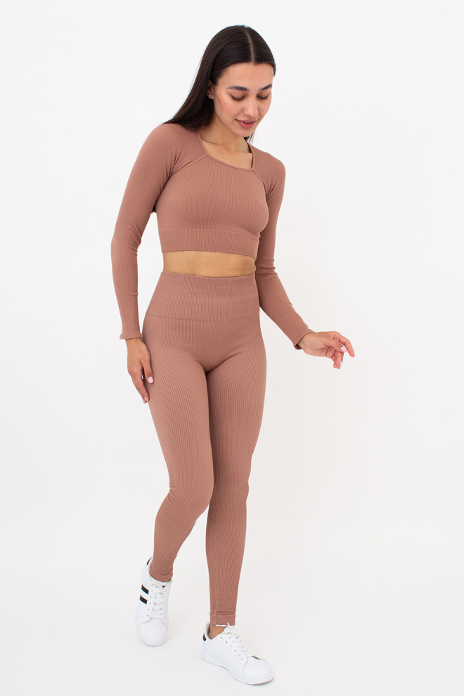 Кроп-топ лонгслив в рубчик CROP TOP RIB Giulia (mokko), коричневый