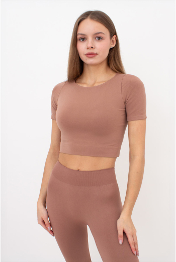 Топ з коротким рукавом та круглим вирізом CROP T-SHIRT Giulia (mokko), коричневий Топ з коротким рукавом та круглим вирізом CROP T-SHIRT Giulia (mokko), коричневий