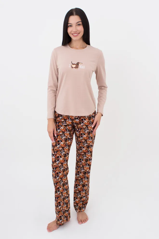Жіноча піжама зі штанами та кофтою з круглими краями FUNKY DOGS 5340/010 Giulia (creamy beige/dog), бежевий