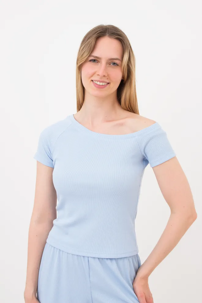 Жіноча футболка з асиметричним вирізом в рубчик RIB 4811/010 Giulia light blue (блакитний)