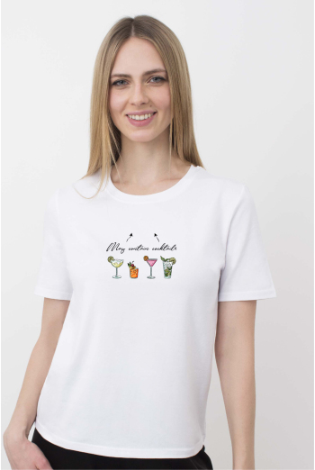 Футболка жіноча з написом  "May contain coctails" T-SHIRT WOMEN UNIQUE PRINT 4802/010 (white W00050), білий