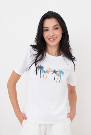 Футболка жіноча з принтом T-shirt print 4802/60 Giulia (white/palm), білий Футболка жіноча з принтом T-shirt print 4802/60 Giulia (white/palm), білий