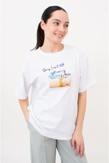 Хлопковая футболка оверсайз с принтом T-SHIRT BASIC print 4806/010 Giulia (white/beach), белый Хлопковая футболка оверсайз с принтом T-SHIRT BASIC print 4806/010 Giulia (white/beach), белый
