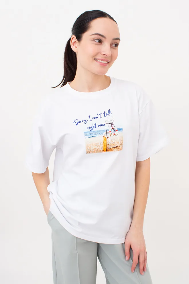 Бавовняна футболка оверсайз з принтом T-SHIRT BASIC print 4806/010 Giulia (white/beach), білий
