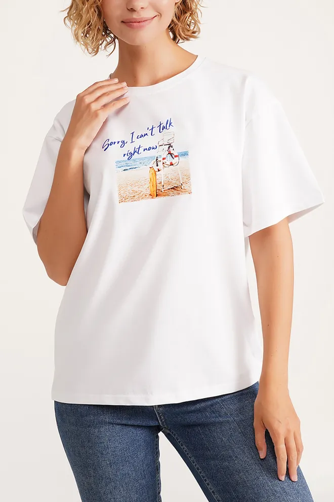 Хлопковая футболка с принтом T-SHIRT BASIC PRINT NECK 4819/010 Giulia (white/beach), белый