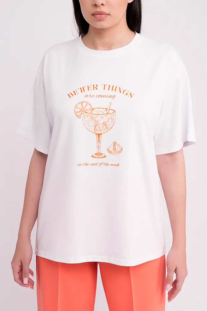 Хлопковая футболка с принтом T-SHIRT BASIC PRINT NECK 4819/010 Giulia (white/letter print), белый