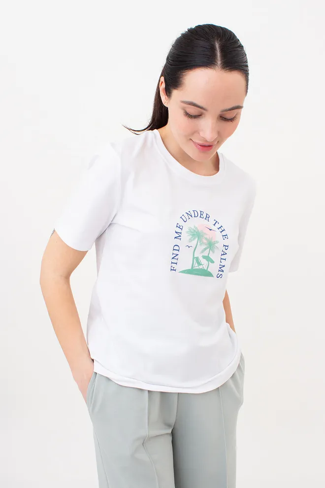 Футболка жіноча з пальмами T-SHIRT PRINT 4802/60 Giulia (white/palm print), білий
