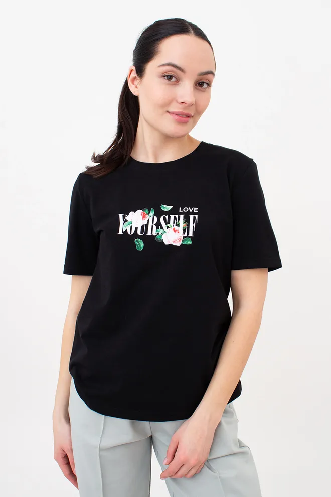 Футболка жіноча з трояндами T-SHIRT PRINT 4802/60 Giulia (black/flowers), чорний