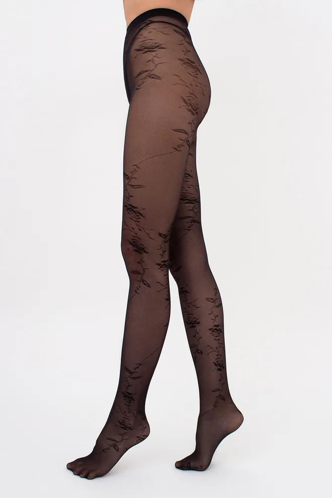 Kолготки в мелкую сетку с розами MESH FLORAL 40 (5) Giulia (nero), черный