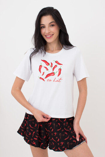 Жіночий комплект футболка та шорти BUNTARKA PRINT 6125/010 Giulia (white/black/peppers), білий/чорний Жіночий комплект футболка та шорти BUNTARKA PRINT 6125/010 Giulia (white/black/peppers), білий/чорний