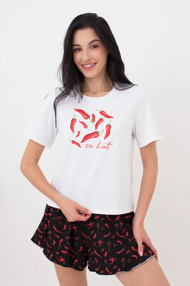 Женский комплект футболка и шорты BUNTARKA PRINT 6125/010 Giulia (white/black/peppers), белый/черный