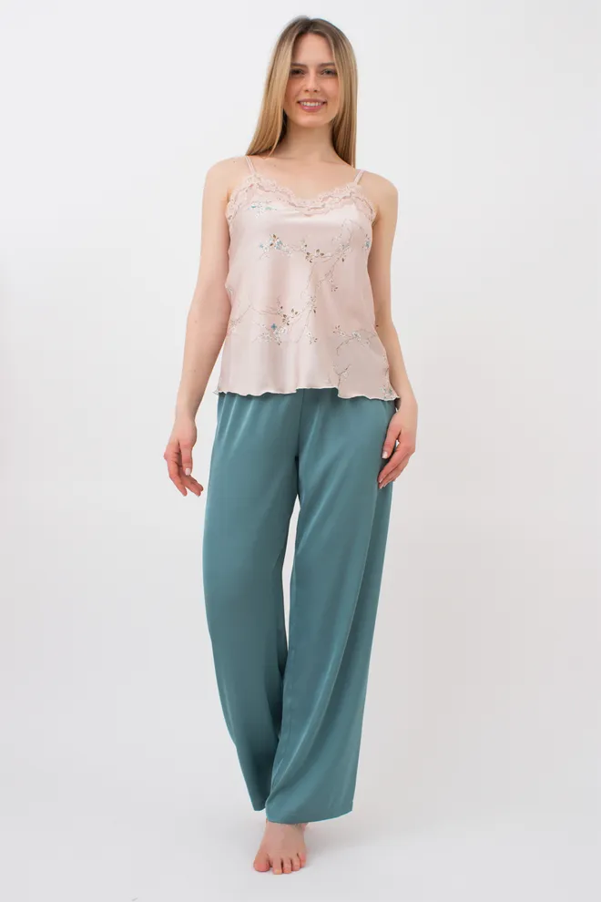 Шелковая пижама майка и штаны SAKURA 5009/051 Giulia (beige/turquoise), бежевый/зеленый