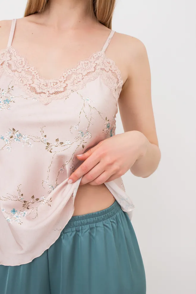 Шелковая пижама майка и штаны SAKURA 5009/051 Giulia (beige/turquoise), бежевый/зеленый