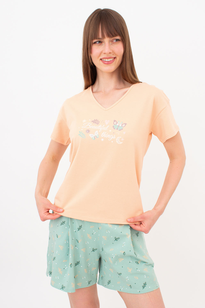 Бавовняна піжама футболка та шорти SERENE GREENS 6128/010 Giulia (muted mint/peach), зелений/помаранчевий