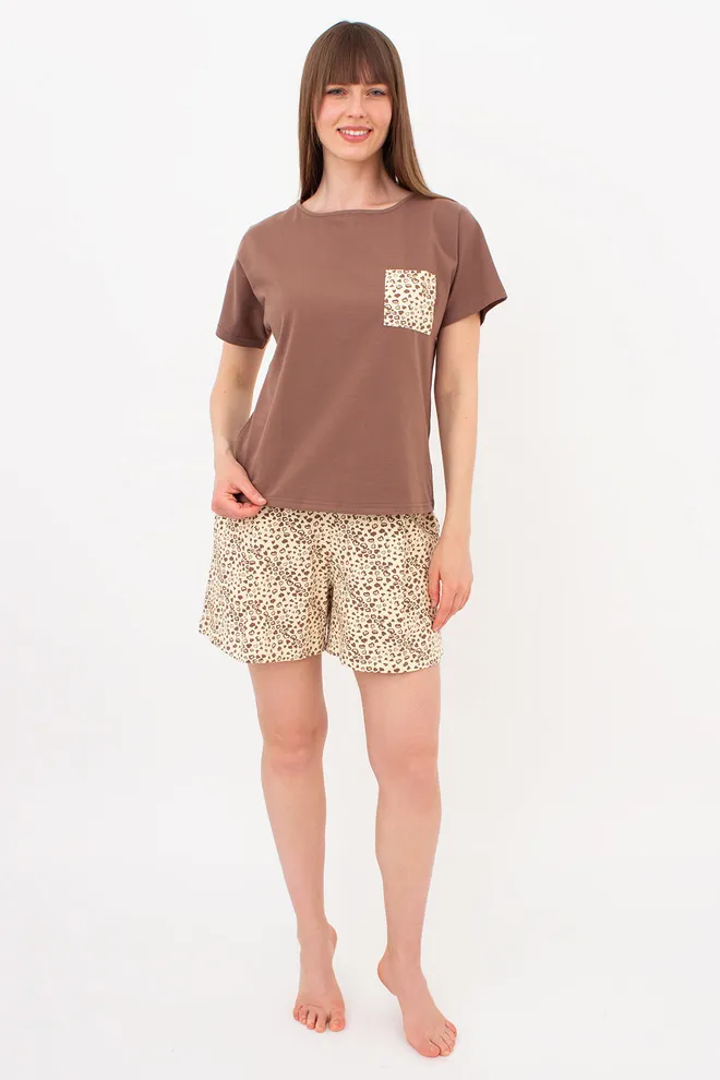 Хлопковая пижама с шортами в сердечках WHISPER HEARTS 6127/010 Giulia (pale yellow/brown hearts/mokko), желтый/коричневый