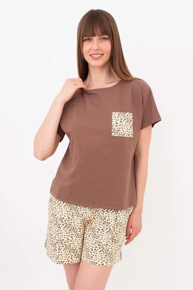 Хлопковая пижама с шортами в сердечках WHISPER HEARTS 6127/010 Giulia (pale yellow/brown hearts/mokko), желтый/коричневый