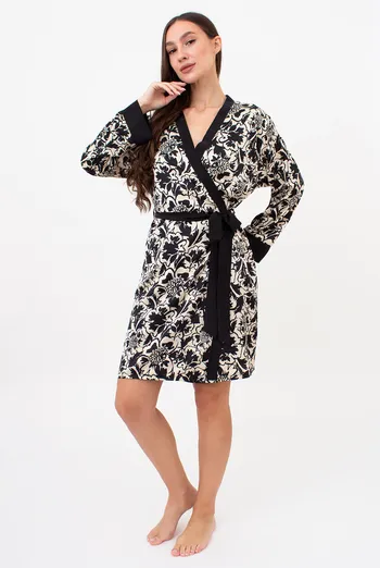 Шовковий халат з квітковим принтом SILK BLOOM 7332/050 Giulia (beige peony), бежевий