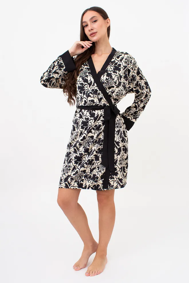 Шовковий халат з квітковим принтом SILK BLOOM 7332/050 Giulia (beige peony), бежевий