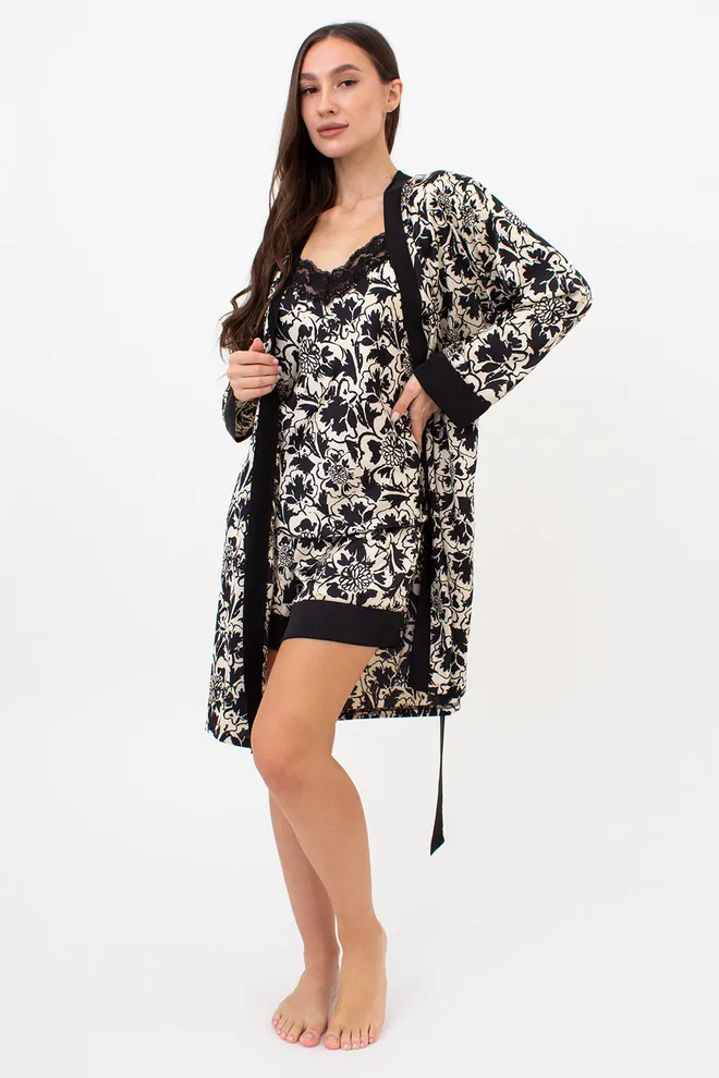 Шовковий халат з квітковим принтом SILK BLOOM 7332/050 Giulia (beige peony), бежевий