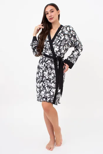 Шовковий халат з квітковим принтом SILK BLOOM 7332/050 Giulia (black peony), чорний