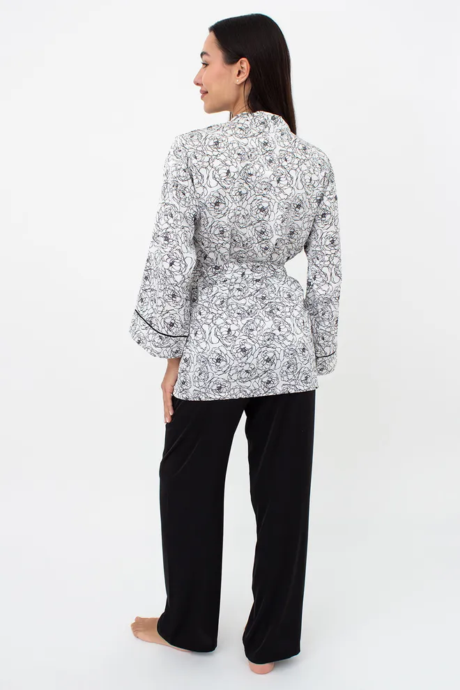 Жіноча шовкова піжама з жакетом та штанами в піони BLOSSOM VEIL 5604/050 Giulia (peony sketch white/black), білий/чорний