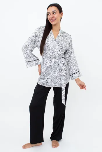 Жіноча шовкова піжама з жакетом та штанами в піони BLOSSOM VEIL 5604/050 Giulia (peony sketch white/black), білий/чорний