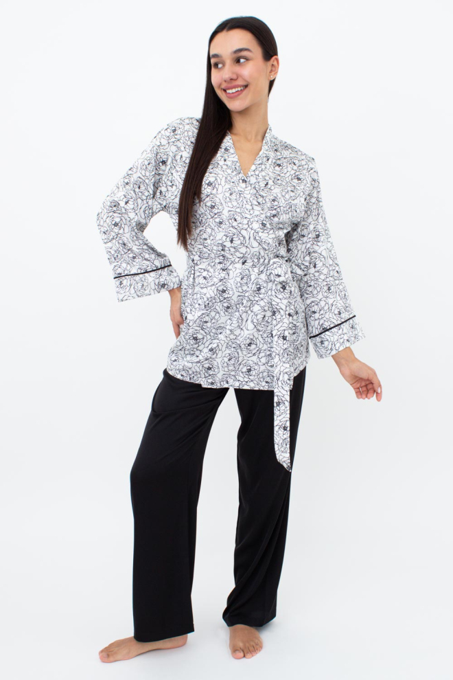 Жіноча шовкова піжама з жакетом та штанами в піони BLOSSOM VEIL 5604/050 Giulia (peony sketch white/black), білий/чорний
