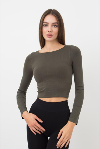 Топ укороченный с длинным рукавом CROP TOP Giulia (khaki), зеленый Топ укороченный с длинным рукавом CROP TOP Giulia (khaki), зеленый