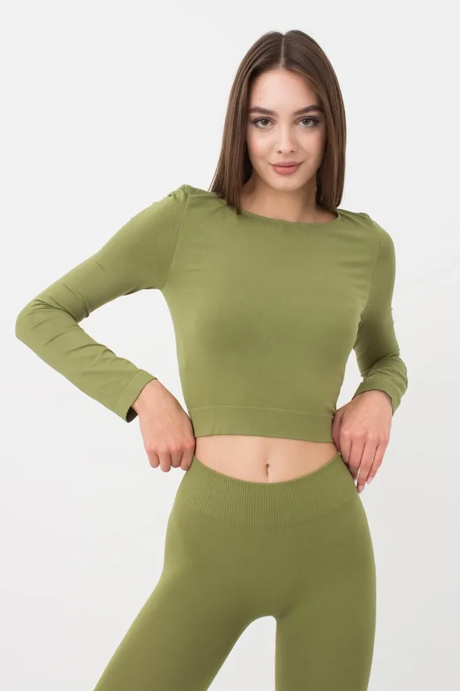Топ укорочений з довгим рукавом CROP TOP Giulia (olive branch), зелений