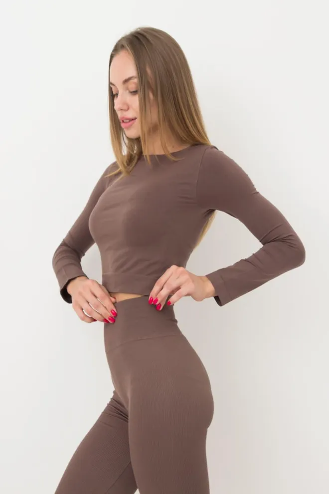 Топ укорочений з довгим рукавом CROP TOP Giulia (deep taupe), коричневий