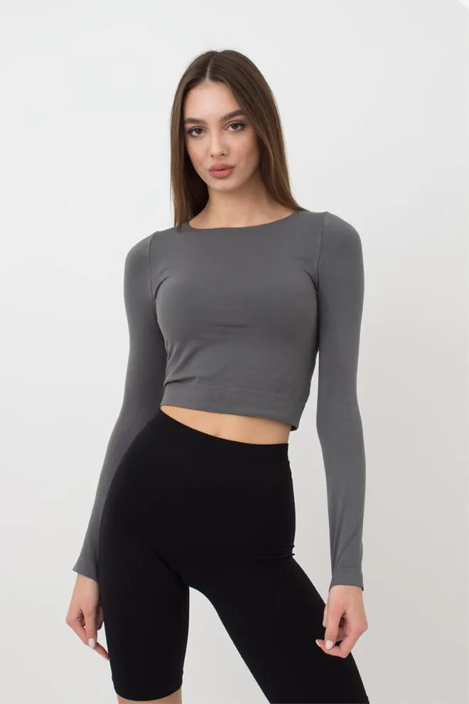 Топ укорочений з довгим рукавом CROP TOP Giulia (poppy seed), сірий