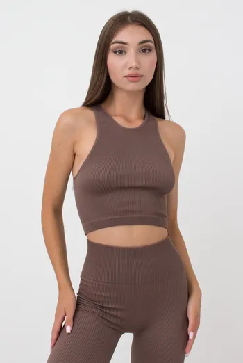 Бесшовный топ в рубчик на широких бретелях Halter top rib Giulia (deep taupe), коричневый