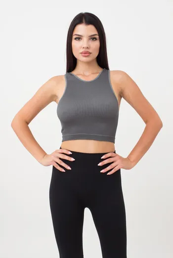 Бесшовный топ в рубчик на широких бретелях Halter top rib Giulia (poppy seed), серый