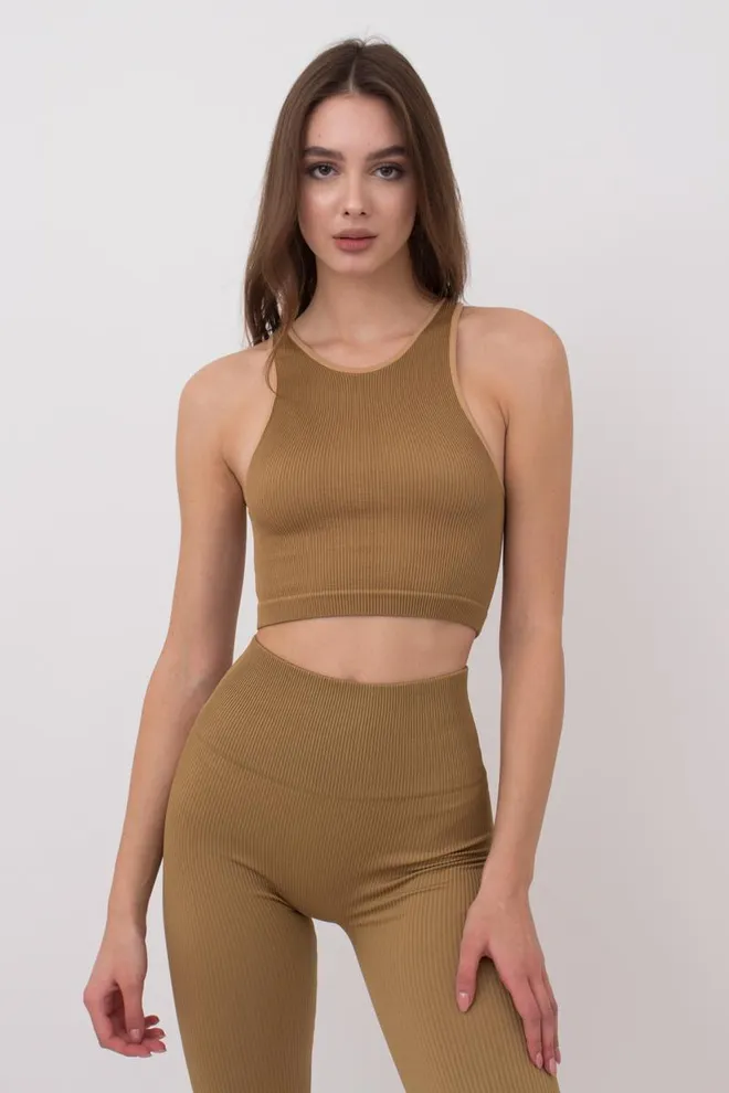 Безшовний топ в рубчик на широких бретелях Halter top rib Giulia (ermine), коричневий