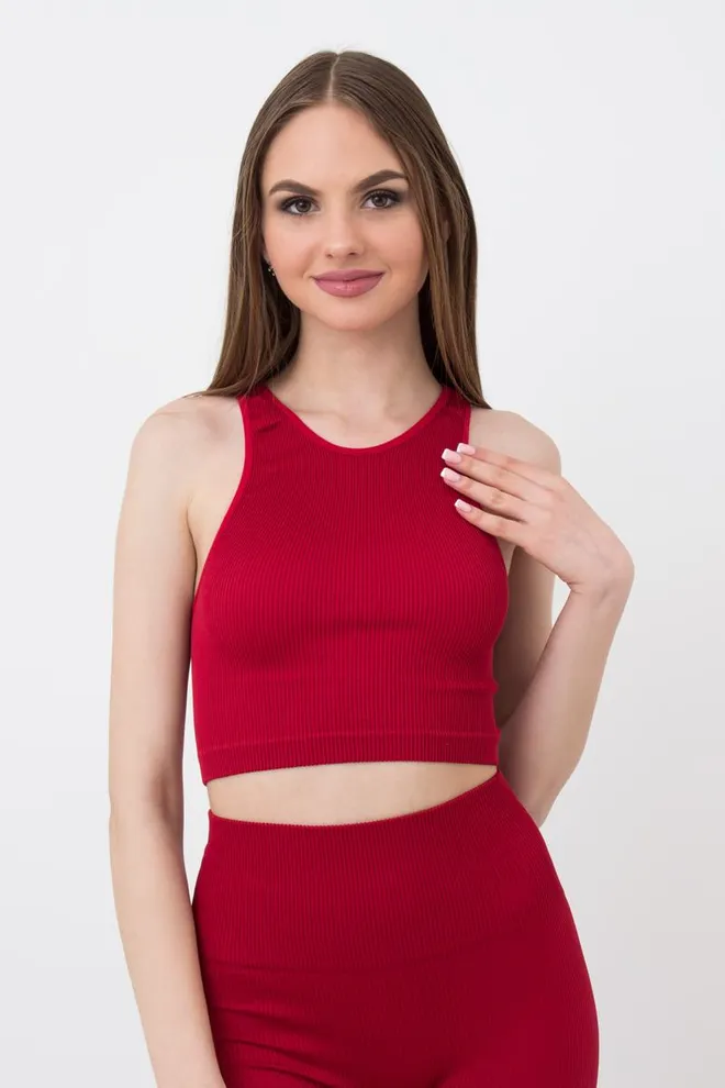 Безшовний топ в рубчик на широких бретелях Halter top rib Giulia (winery), бордовий