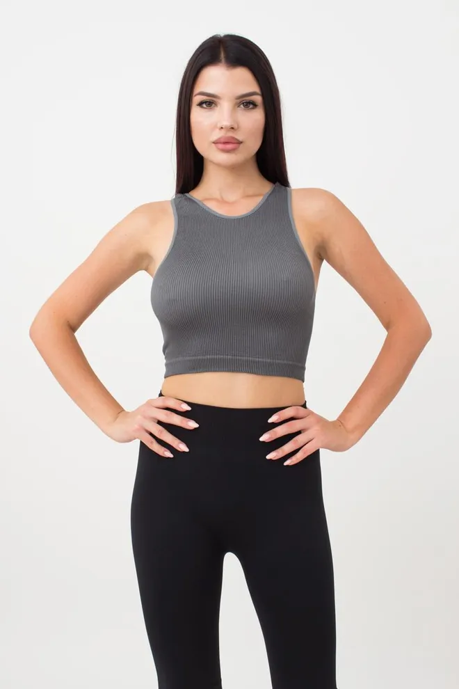 Безшовний топ в рубчик на широких бретелях Halter top rib Giulia (poppy seed), сірий
