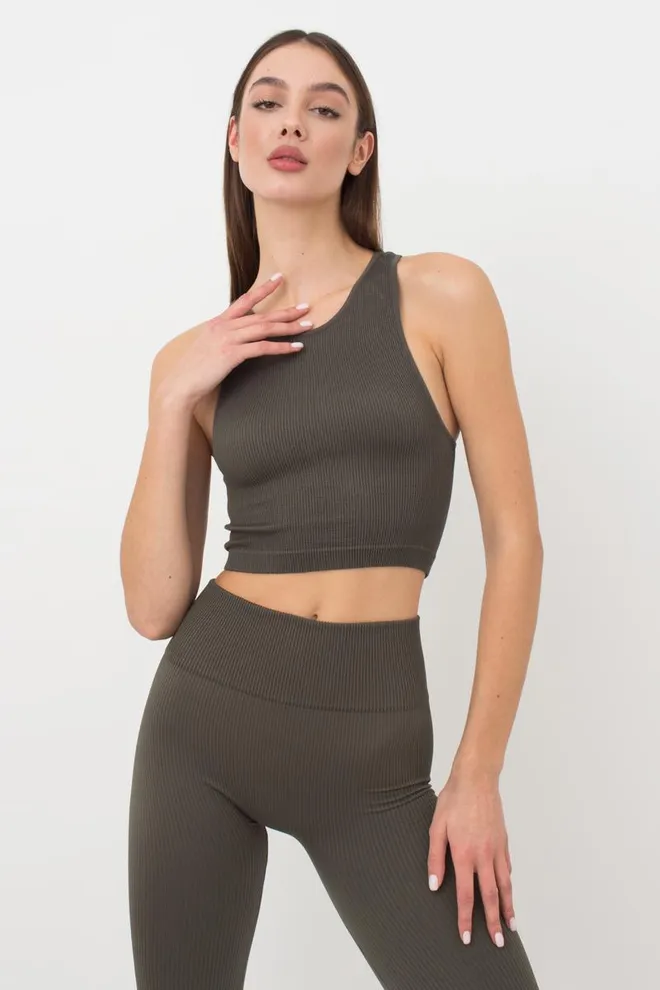 Безшовний топ в рубчик на широких бретелях Halter top rib Giulia (khaki), зелений