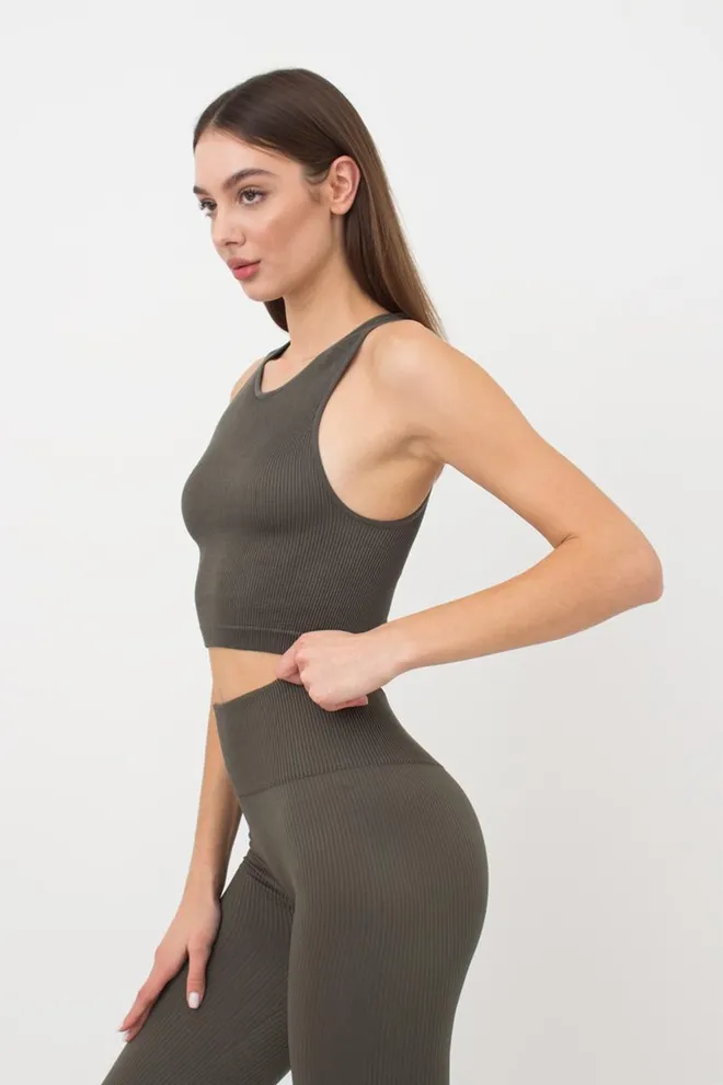 Безшовний топ в рубчик на широких бретелях Halter top rib Giulia (khaki), зелений
